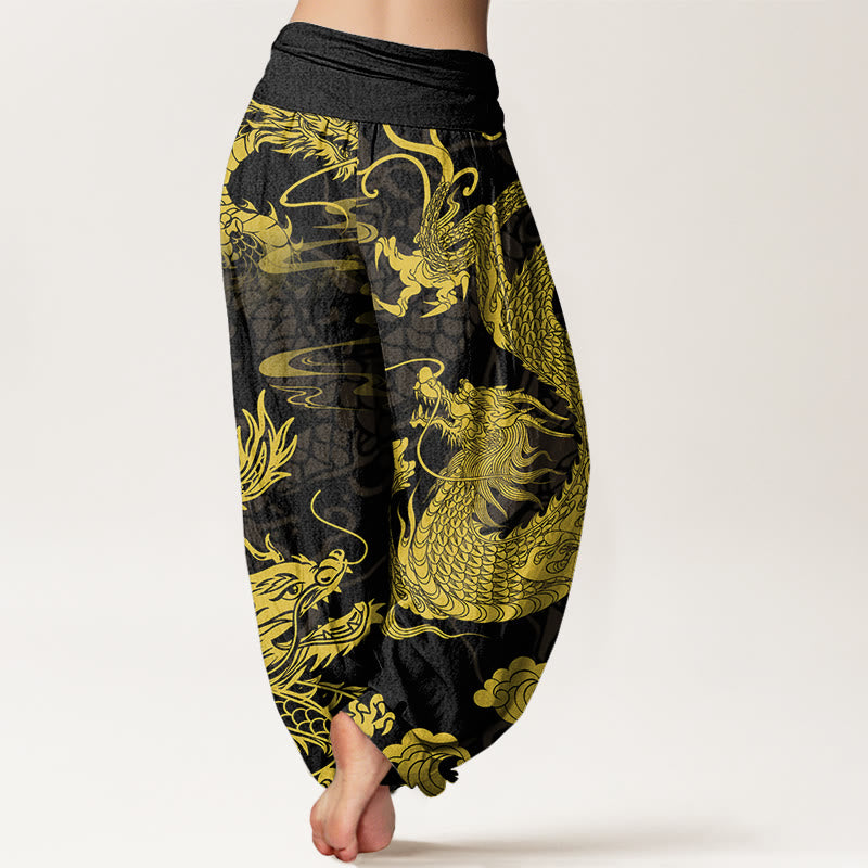 Buddha Stones Cotton Dragon Auspicious Clouds Women's Elastic Waist Harem Pants - image 1