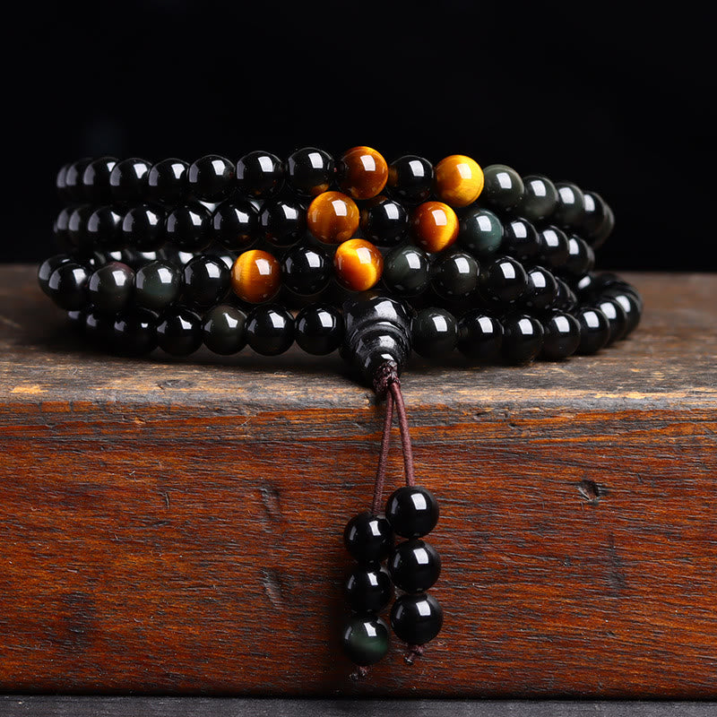Buddha Stones 108 Mala Beads Black Obsidian lce Obsidian Fulfilment Bracelet - Black Obsidian Tiger Eye(Wrist Circumference: 14-16cm) - 6mm - image 1