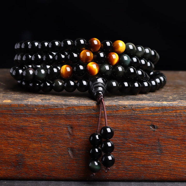 Buddha Stones 108 Mala Beads Black Obsidian lce Obsidian Fulfilment Bracelet - Black Obsidian Tiger Eye(Wrist Circumference: 14-16cm) - 6mm - image 1
