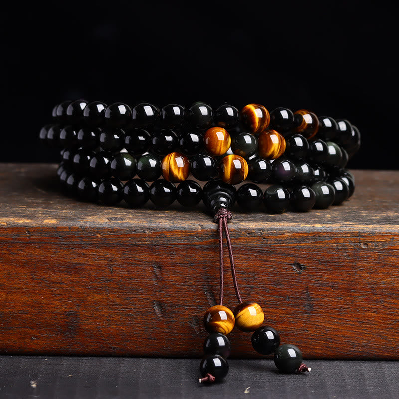 Buddha Stones 108 Mala Beads Black Obsidian lce Obsidian Fulfilment Bracelet - Black Obsidian Tiger Eye(Wrist Circumference: 14-16cm) - 8mm - image 2