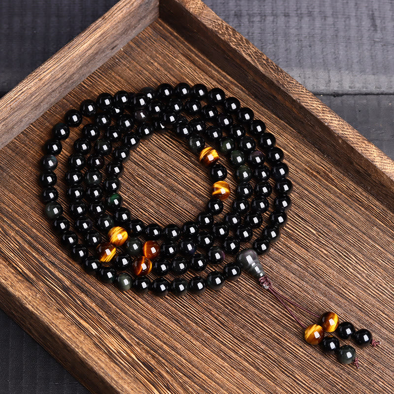 Buddha Stones 108 Mala Beads Black Obsidian lce Obsidian Fulfilment Bracelet - image 3