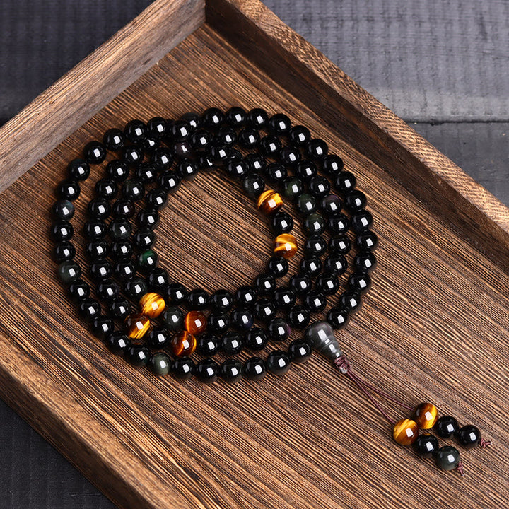 Buddha Stones 108 Mala Beads Black Obsidian lce Obsidian Fulfilment Bracelet - image 3