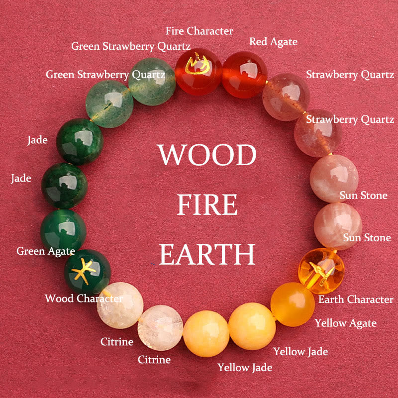 Buddha Stones Five Elements Various Agate Crystal Green Strawberry Quartz Sun Stone Wealth Bracelet - Fire Earth Wood(Wrist Circumference: 14-16cm) - 10mm - image 0