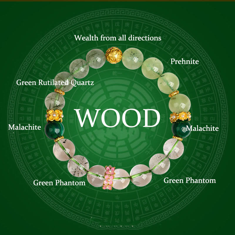 Buddha Stones Five Elements Various Agate Crystal Green Phantom Rutilated Quartz Green Grape Agate Malachite Luck Bracelet - Wood(Wrist Circumference: 14-16cm) - image 0