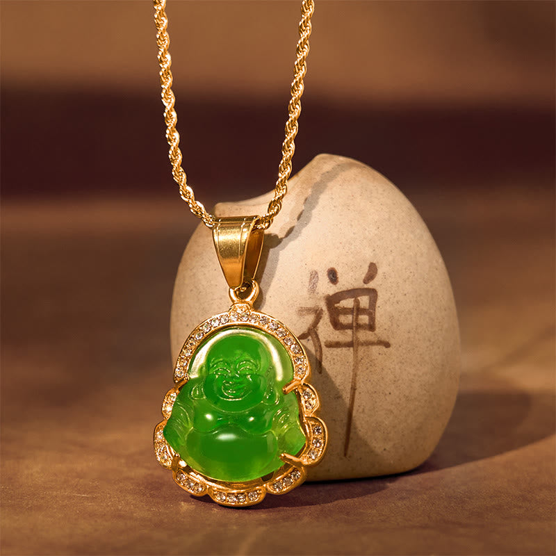 Buddha Stones 18K Gold Filled Laughing Buddha Jade Luck Necklace Chain Pendant - image 3