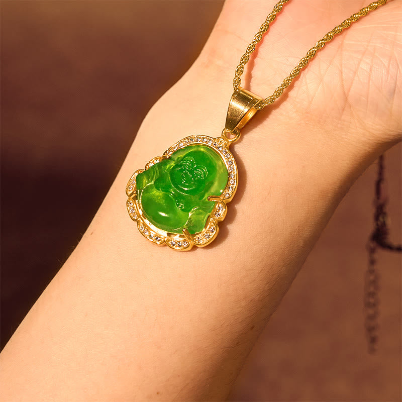 Buddha Stones 18K Gold Filled Laughing Buddha Jade Luck Necklace Chain Pendant - image 5