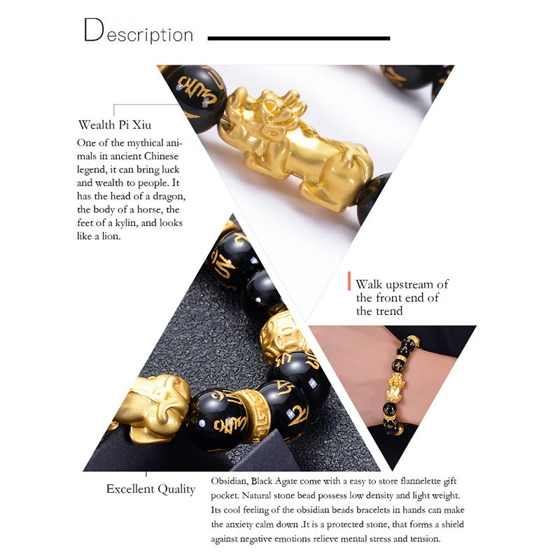 Buddha Stones Black Obsidian Black Onyx Alloy PiXiu Om Mani Padme Hum Strength Bracelet - image 4