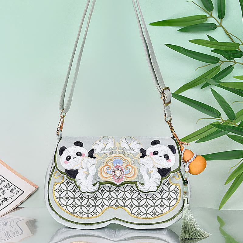 Buddha Stones Panda Flowers Gourd Pendant Shoulder Bag Crossbody Bag - Aquamarine Panda Gourd Pendant 25*16*3cm - image 0