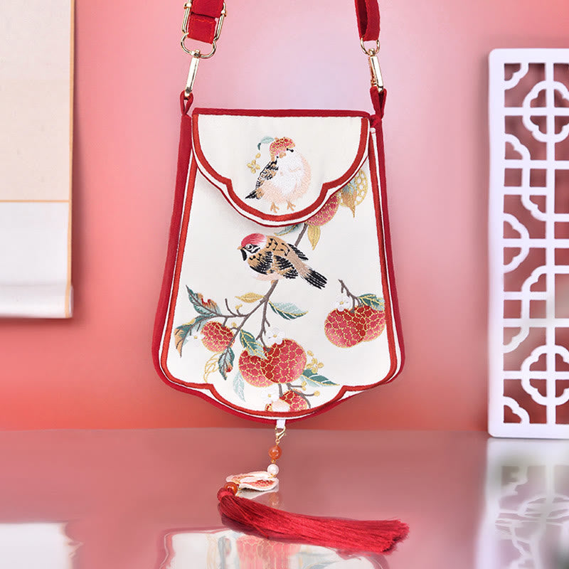 Buddha Stones Magpie Lychee Embroidery Tassel Shoulder Bag Crossbody Bag - Red Magpie Lychee Embroidery 17*21*3cm - image 0