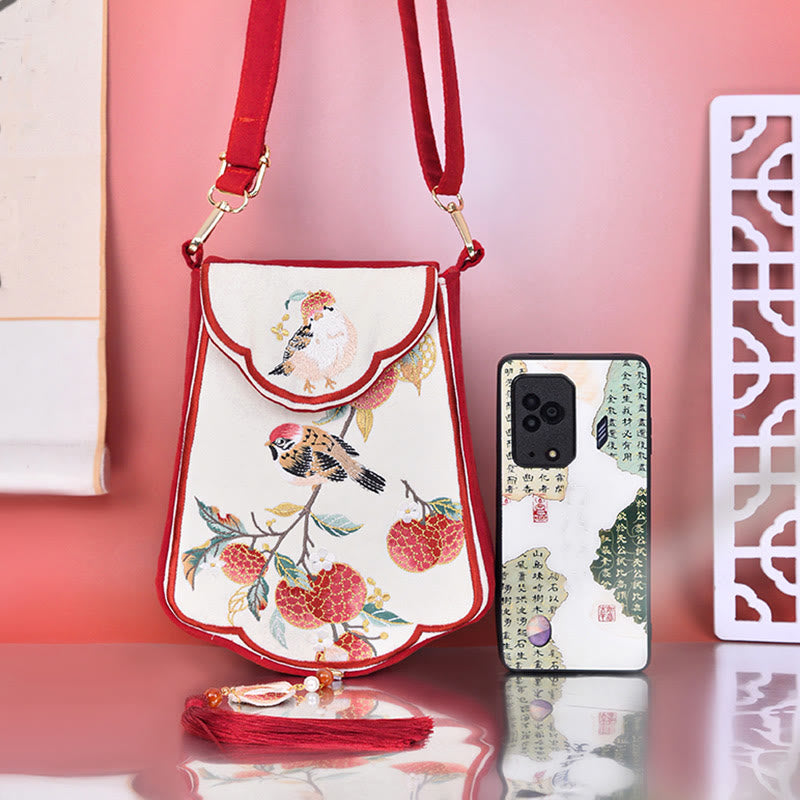 Buddha Stones Magpie Lychee Embroidery Tassel Shoulder Bag Crossbody Bag - image 1