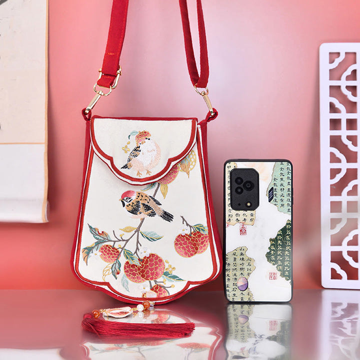 Buddha Stones Magpie Lychee Embroidery Tassel Shoulder Bag Crossbody Bag - image 1