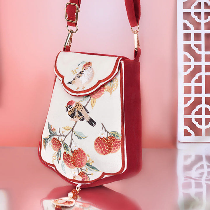 Buddha Stones Magpie Lychee Embroidery Tassel Shoulder Bag Crossbody Bag - image 2
