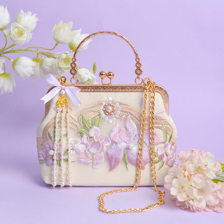 Buddha Stones Flowers Embroidered Tassel Pendant Pearl Metal Chain Crossbody Bag Handbags - Light Purple Flower Embroidery Metal Chain 22*17*7cm - image 6