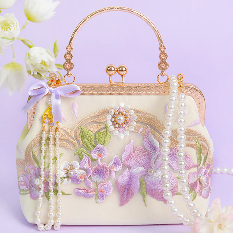 Buddha Stones Flowers Embroidered Tassel Pendant Pearl Metal Chain Crossbody Bag Handbags - image 1