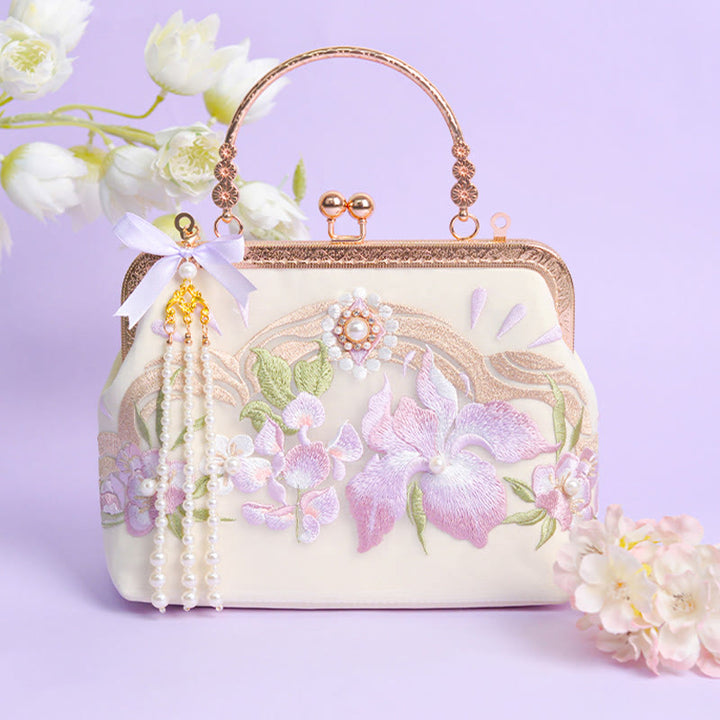 Buddha Stones Flowers Embroidered Tassel Pendant Pearl Metal Chain Crossbody Bag Handbags - Light Purple Flower Embroidery 22*17*7cm - image 7