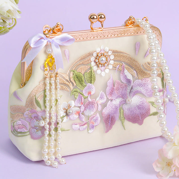 Buddha Stones Flowers Embroidered Tassel Pendant Pearl Metal Chain Crossbody Bag Handbags - Light Purple Flower Embroidery Pearl Chain 22*17*7cm - image 0