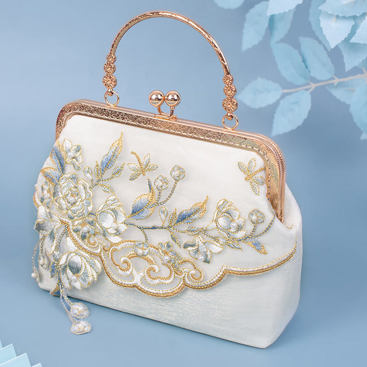 Buddha Stones Jasmine Flowers Embroidery Pearl Chain Crossbody Bag Handbags - White Jasmine Embroidery 22*17*7cm - image 0