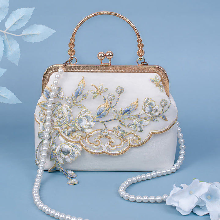Buddha Stones Jasmine Flowers Embroidery Pearl Chain Crossbody Bag Handbags - White Jasmine Embroidery Pearl Chain 22*17*7cm - image 4