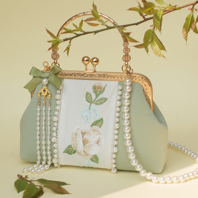 Buddha Stones Double-sided Flowers Embroidery Pearl Pendant Metal Chain Crossbody Bag Handbags - PaleGreen Flowers Embroidery Pearl Chain Pendant 20*14*7cm - image 0