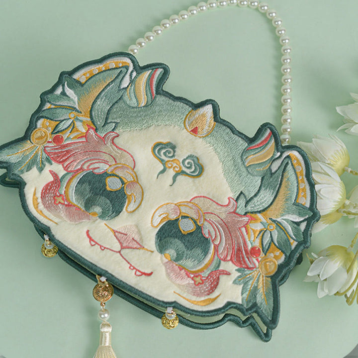 Buddha Stones Double-sided Mythical Beast Bai Ze Embroidery Pearl Chain Tassel Shoulder Bag Crossbody Bag - image 1