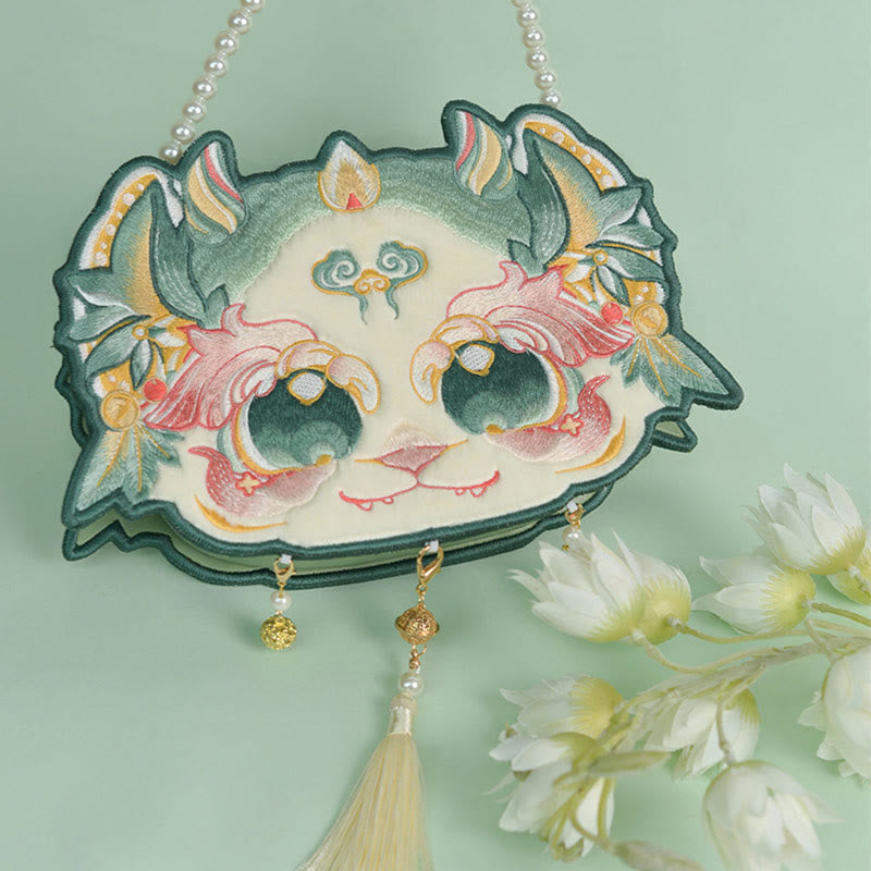 Buddha Stones Double-sided Mythical Beast Bai Ze Embroidery Pearl Chain Tassel Shoulder Bag Crossbody Bag - Green Single-sided Bai Ze Embroidery 25*17*7cm - image 2