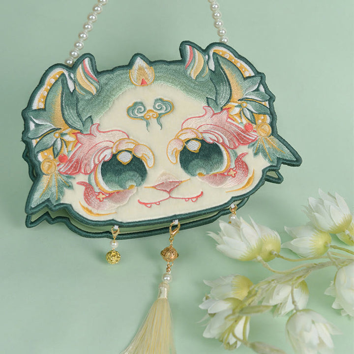 Buddha Stones Double-sided Mythical Beast Bai Ze Embroidery Pearl Chain Tassel Shoulder Bag Crossbody Bag - Green Single-sided Bai Ze Embroidery 25*17*7cm - image 2
