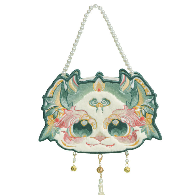 Buddha Stones Double-sided Mythical Beast Bai Ze Embroidery Pearl Chain Tassel Shoulder Bag Crossbody Bag - image 5