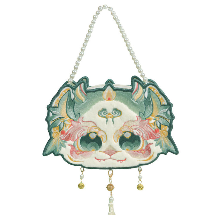 Buddha Stones Double-sided Mythical Beast Bai Ze Embroidery Pearl Chain Tassel Shoulder Bag Crossbody Bag - image 5