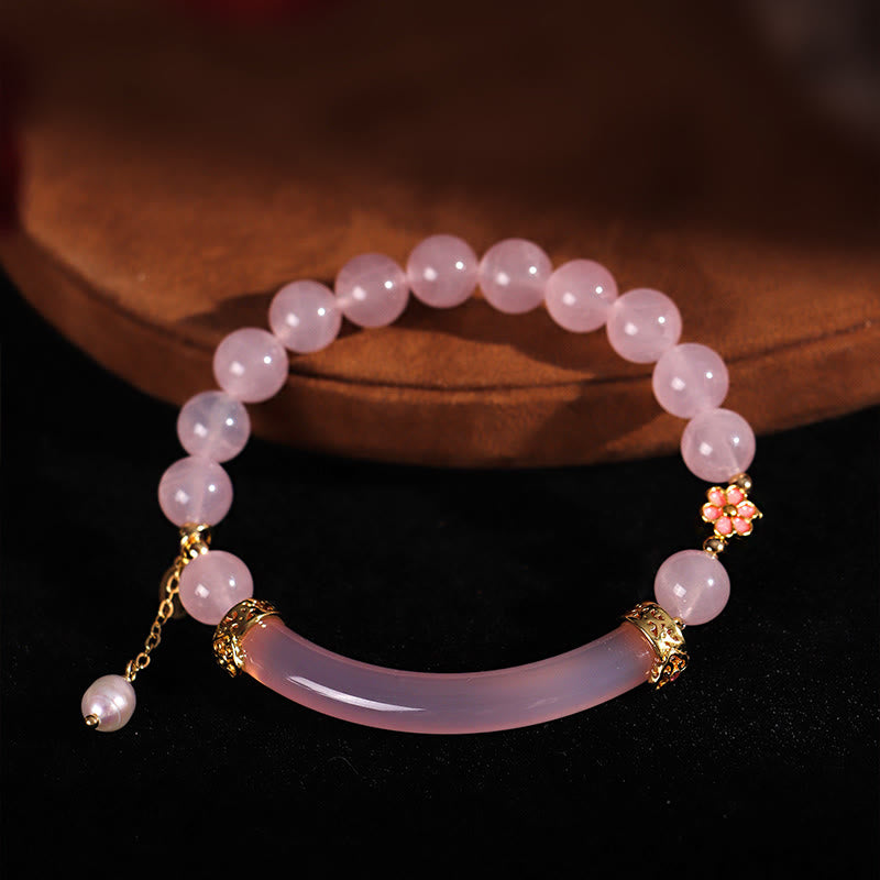 Buddha Stones Pink Crystal Blue Chalcedony Pearl Cuff Half Bracelet Bangle - image 2