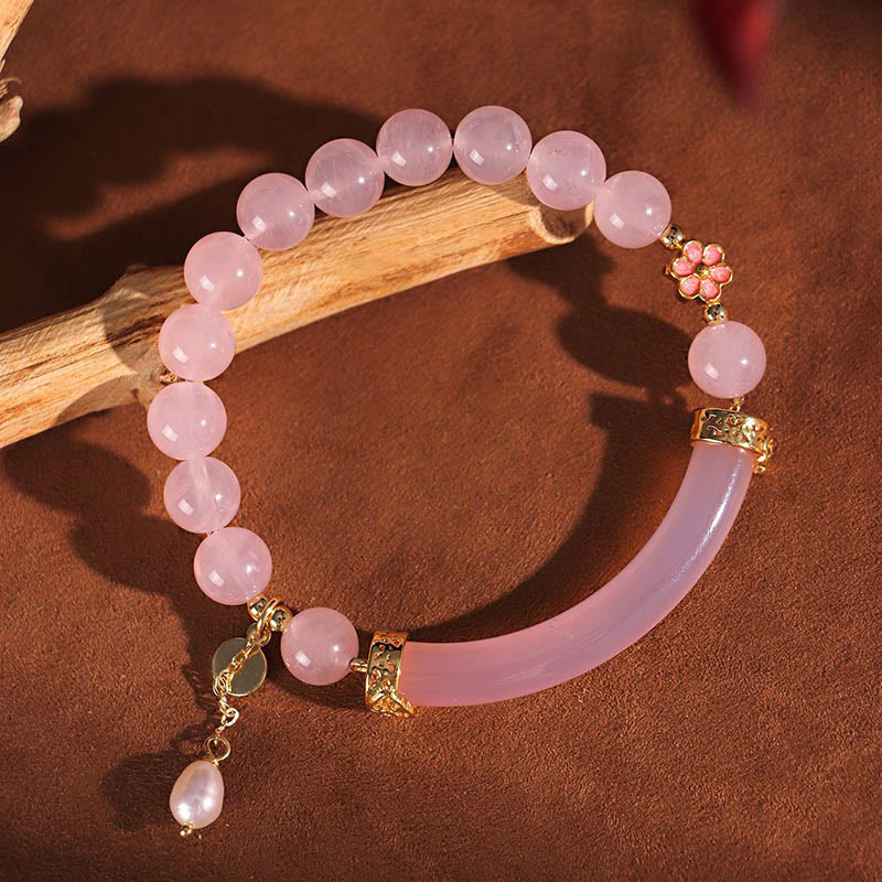 Buddha Stones Pink Crystal Blue Chalcedony Pearl Cuff Half Bracelet Bangle - image 1