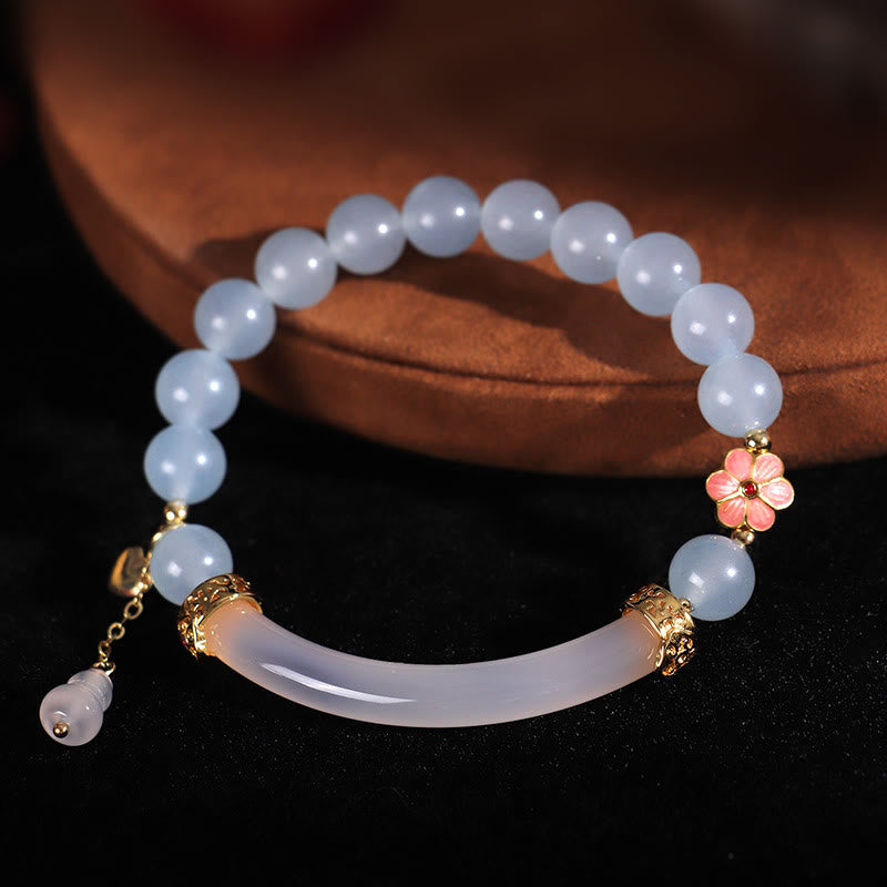 Buddha Stones Pink Crystal Blue Chalcedony Pearl Cuff Half Bracelet Bangle - image 9