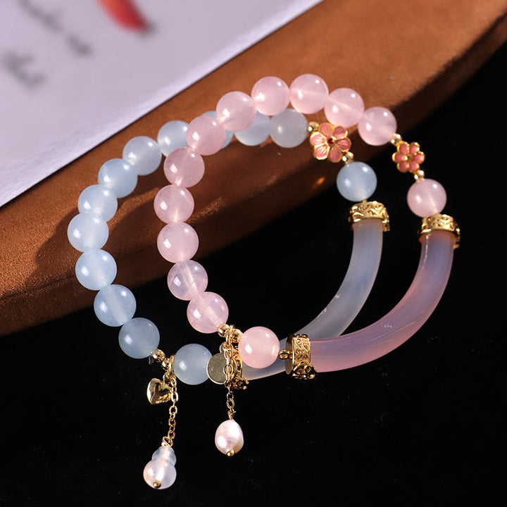 Buddha Stones Pink Crystal Blue Chalcedony Pearl Cuff Half Bracelet Bangle - image 10