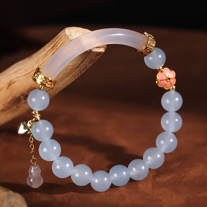 Buddha Stones Pink Crystal Blue Chalcedony Pearl Cuff Half Bracelet Bangle - Blue Chalcedony Pearl(Inner Diameter: 52mm) - image 7