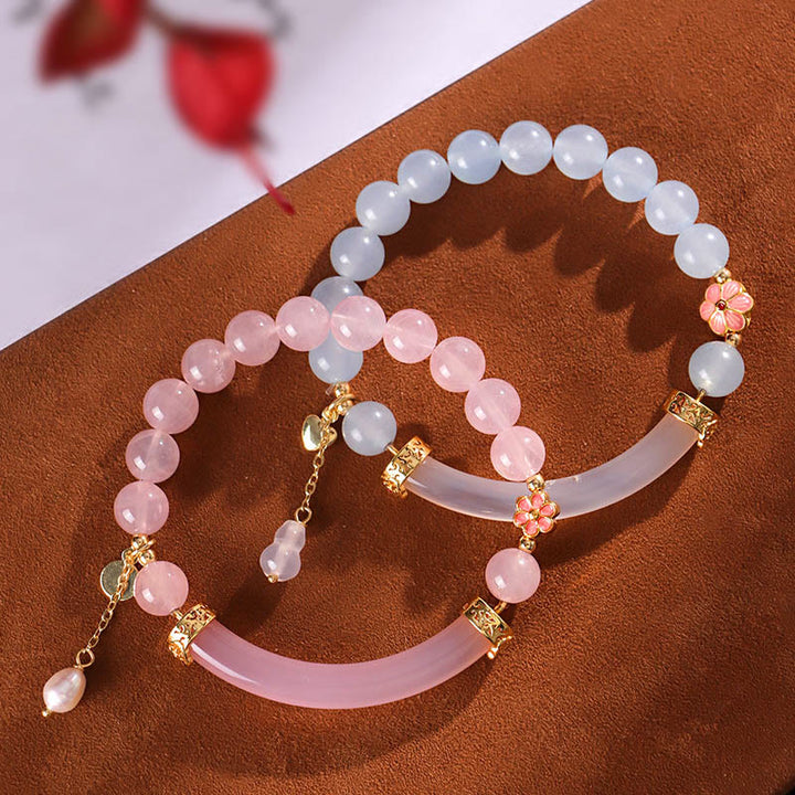 Buddha Stones Pink Crystal Blue Chalcedony Pearl Cuff Half Bracelet Bangle - image 3