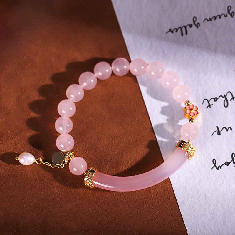 Buddha Stones Pink Crystal Blue Chalcedony Pearl Cuff Half Bracelet Bangle - image 4