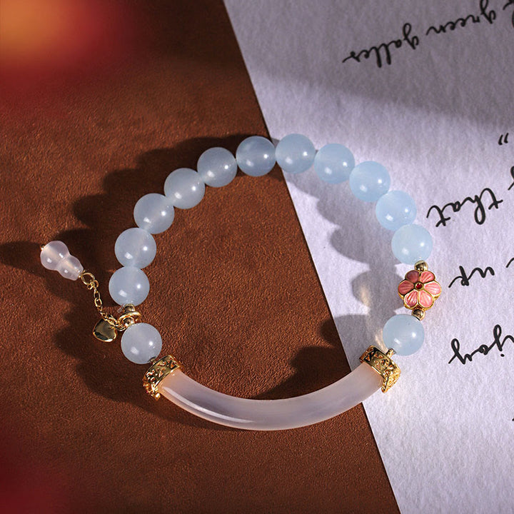 Buddha Stones Pink Crystal Blue Chalcedony Pearl Cuff Half Bracelet Bangle - image 11