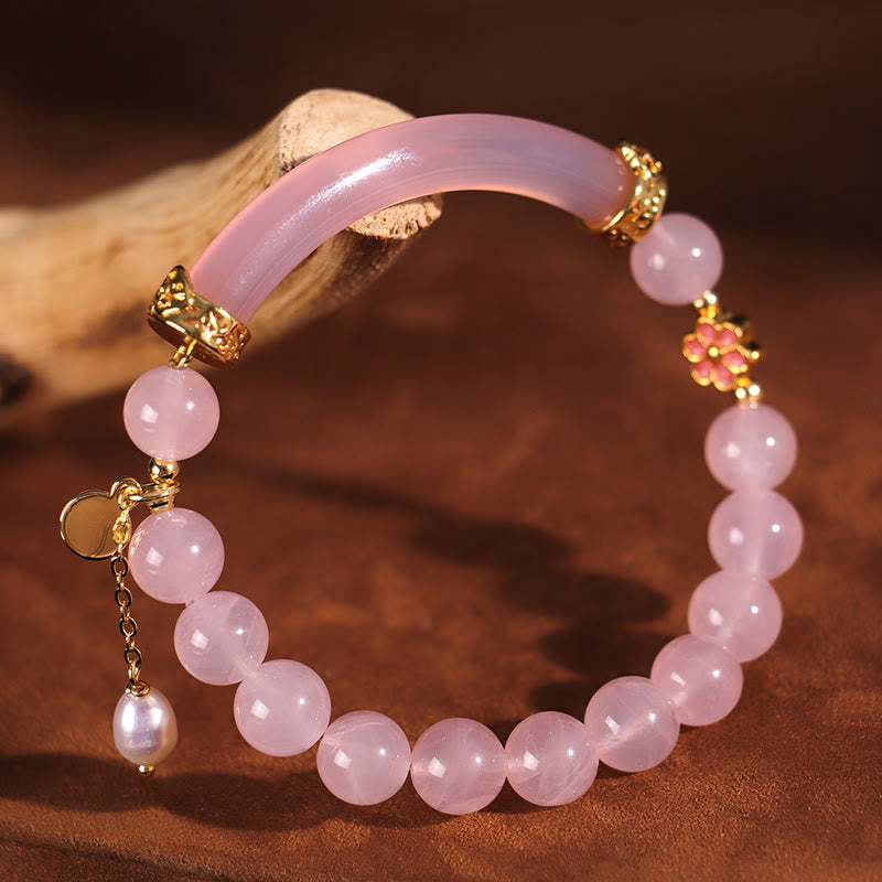 Buddha Stones Pink Crystal Blue Chalcedony Pearl Cuff Half Bracelet Bangle - Pink Crystal Pearl(Inner Diameter: 52mm) - image 0