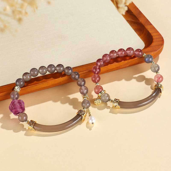 Buddha Stones Strawberry Quartz Labradorite Fluorite Pearl Cuff Half Bracelet Bangle - image 3