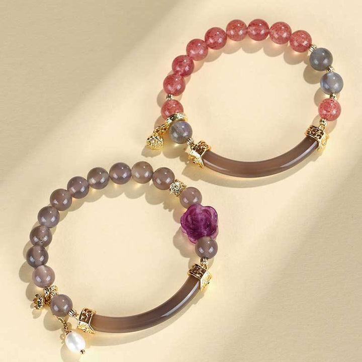 Buddha Stones Strawberry Quartz Labradorite Fluorite Pearl Cuff Half Bracelet Bangle - image 12