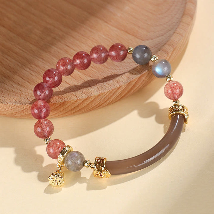 Buddha Stones Strawberry Quartz Labradorite Fluorite Pearl Cuff Half Bracelet Bangle - Strawberry Quartz Fluorite Pearl(Inner Diameter: 52mm) - image 0