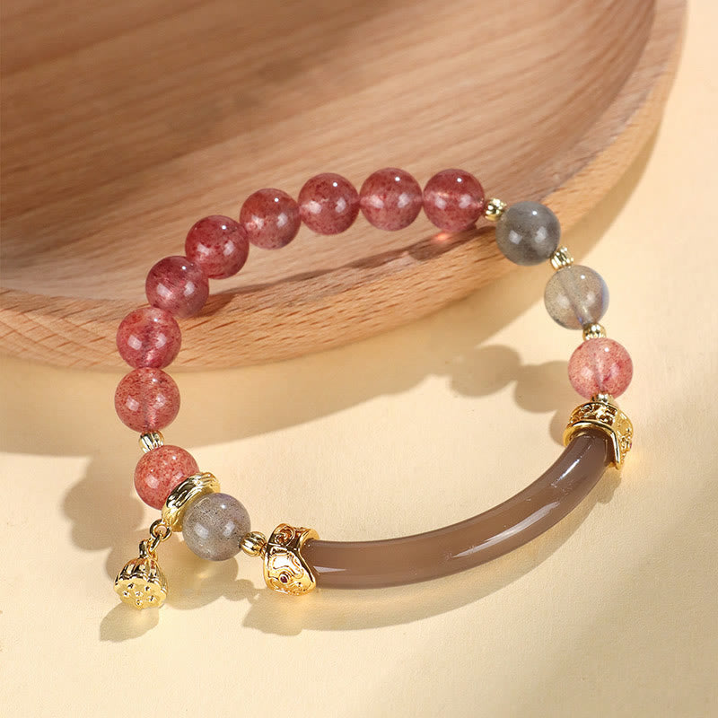 Buddha Stones Strawberry Quartz Labradorite Fluorite Pearl Cuff Half Bracelet Bangle - image 2