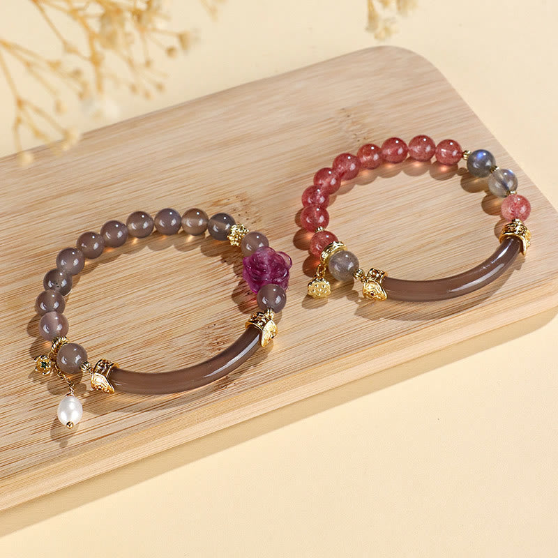 Buddha Stones Strawberry Quartz Labradorite Fluorite Pearl Cuff Half Bracelet Bangle - image 13