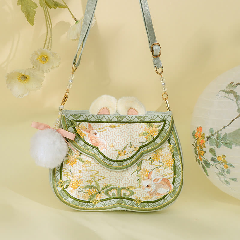 Buddha Stones Osmanthus Rabbit Embroidery Pearl Chain Furball Tassel Shoulder Bag Crossbody Bag - PaleGreen Osmanthus Rabbit Pearl Chain Strap Furball 25*18*4cm - image 0