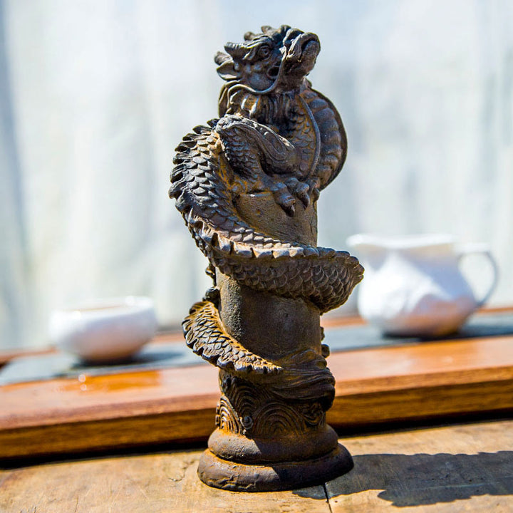 Buddha Stones Handmade Flying Dragon Around The Pillar Iron Powder Rust Cast Resin Statue Home Decoration - Rust Version 20*10*8cm - image 0
