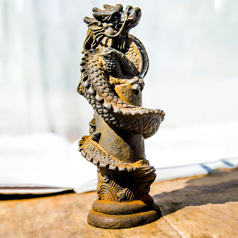 Buddha Stones Handmade Flying Dragon Around The Pillar Iron Powder Rust Cast Resin Statue Home Decoration - image 2