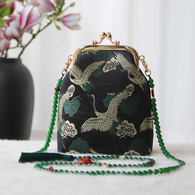 Buddha Stones Retro Chinese Embroidery Pearl Chain Crossbody Bag Shoudler Bag - Black Crane 14*6*18cm - image 0
