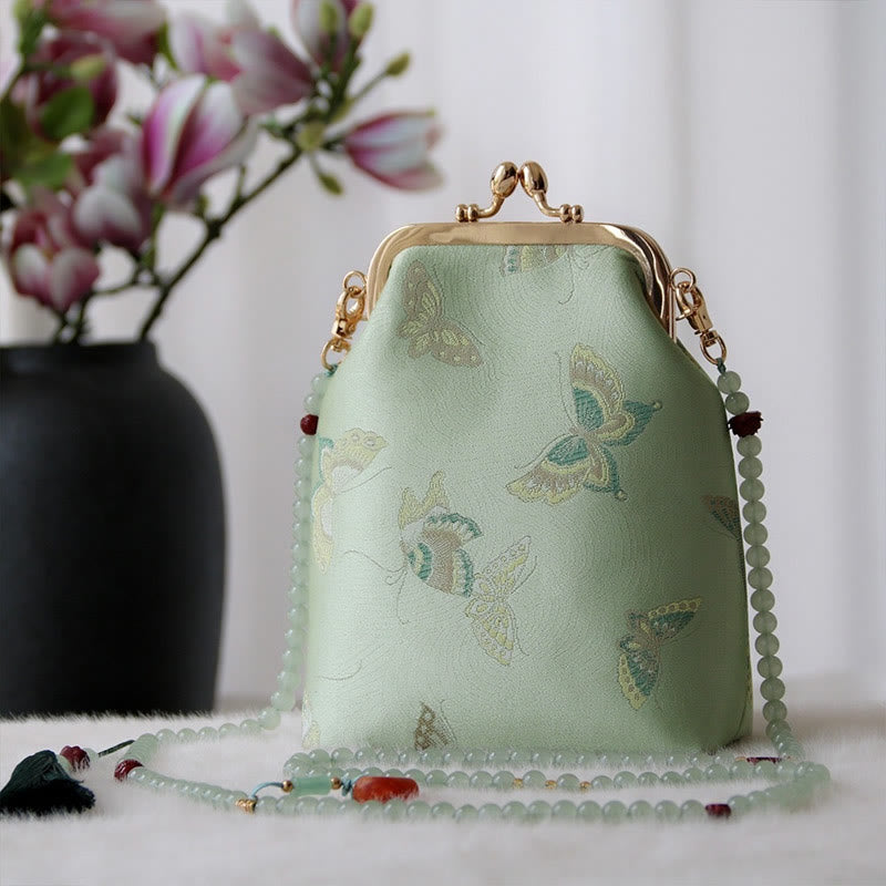Buddha Stones Retro Chinese Embroidery Pearl Chain Crossbody Bag Shoudler Bag - PaleGreen Butterfly 14*6*18cm - image 2