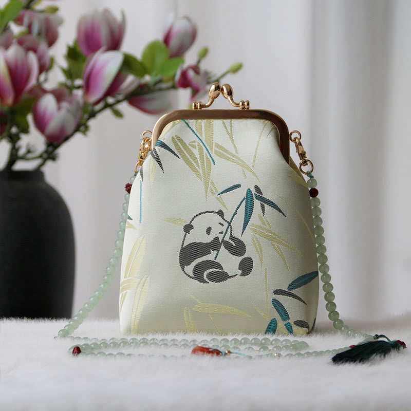 Buddha Stones Retro Chinese Embroidery Pearl Chain Crossbody Bag Shoudler Bag - PaleGreen Panda Bamboo 14*6*18cm - image 6