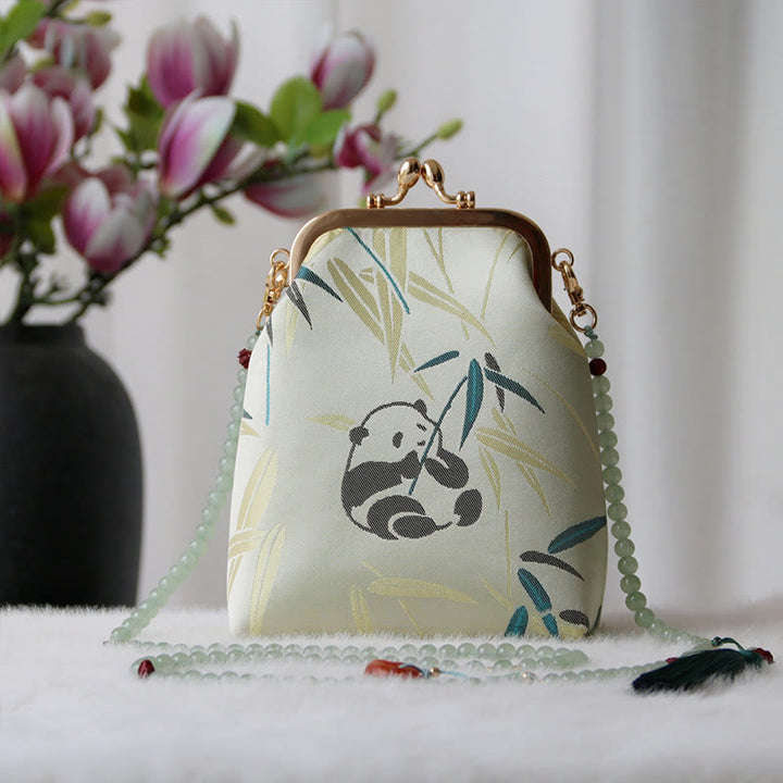 Buddha Stones Retro Chinese Embroidery Pearl Chain Crossbody Bag Shoudler Bag - PaleGreen Panda Bamboo 14*6*18cm - image 6