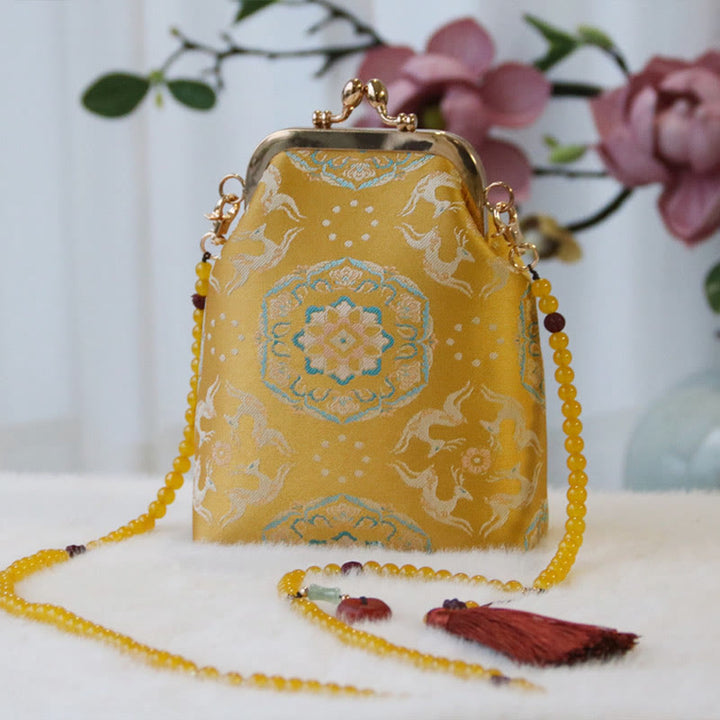 Buddha Stones Retro Chinese Embroidery Pearl Chain Crossbody Bag Shoudler Bag - Gold Deer Flower 14*6*18cm - image 8